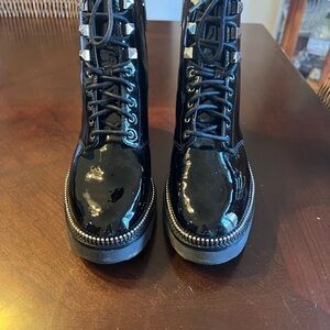 Black Patent Leather Combat Boots with Studs